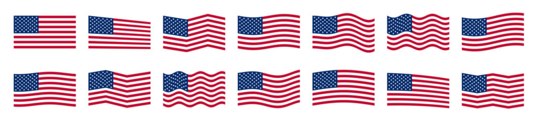 Obraz premium American flag icon set. transparent background USA national flag waving variations. united states patriotic independence day concept. flat vector design collection 