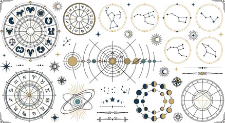 Celestial Astrology Collection Featuring Zodiac Wheels Planetary Orbits Constellation Maps Cosmic Symbols and Astronomical Vector Set © MdRissalat