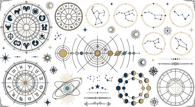 Celestial Astrology Collection Featuring Zodiac Wheels Planetary Orbits Constellation Maps Cosmic Symbols and Astronomical Vector Set