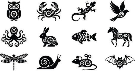 Steampunk animals and insects with gears in silhouette isolated on white background vector illustration © DESIGN SHOP