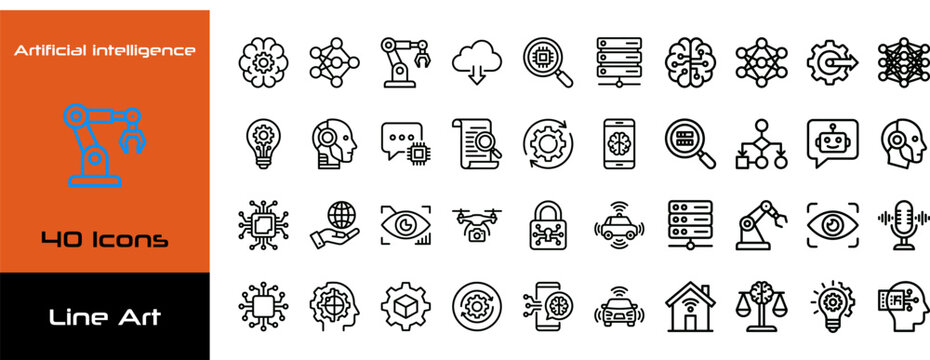 A collection of 40 line art icons representing artificial intelligence concepts, including robotics, data, cloud computing, and machine learning