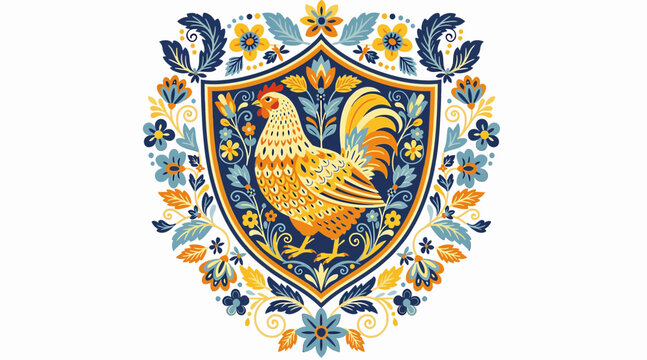 Vintage shield with rooster and floral patterns