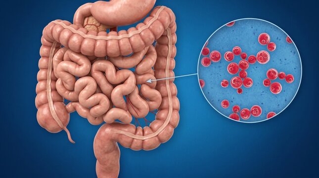 3d medical illustration of the human digestive system with a closeup of giardia lamblia parasites