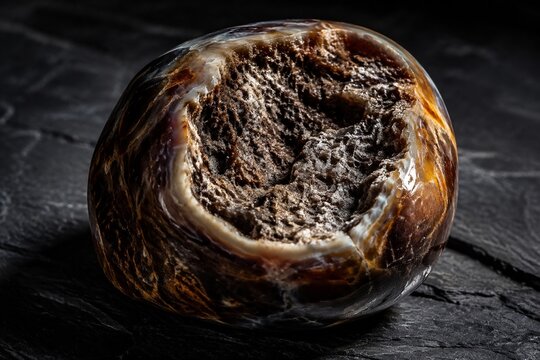 density. Macro view of a rough geode core in a polished shell on dark slate, dramatic side lighting. STEM education sheets.