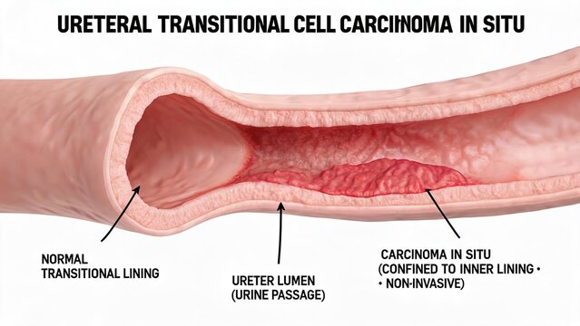 Cross-section 3D medical illustration of ureteral transitional cell carcinoma in situ, labeled normal transitional lining, ureter urine lumen and non-invasive confined tumor, plain white background ur