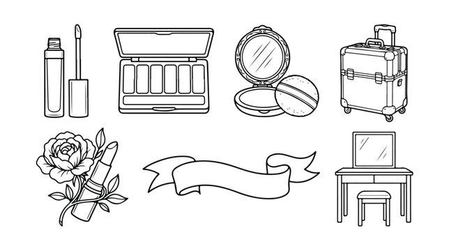 Minimalist makeup line art icons, professional beauty cosmetics vector set, black and white vanity table and makeup artist case illustrations