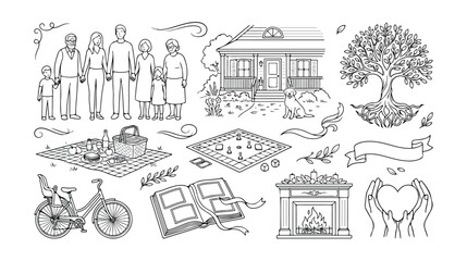 Obraz premium Hand drawn family life doodles, black and white line art vector set, multigenerational family home and leisure activities collection