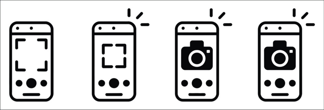 Take photo icon set, camera sign with photography flash symbol, phone picture interface graphic, black color vector collection for mobile applications, digital photography controls and user experience