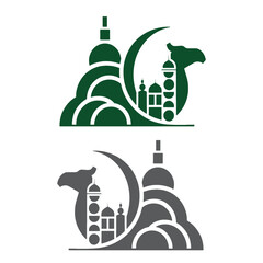 Islamic geometric art camel silhouette with mosque and crescent moon. © Sarmin_Mitu