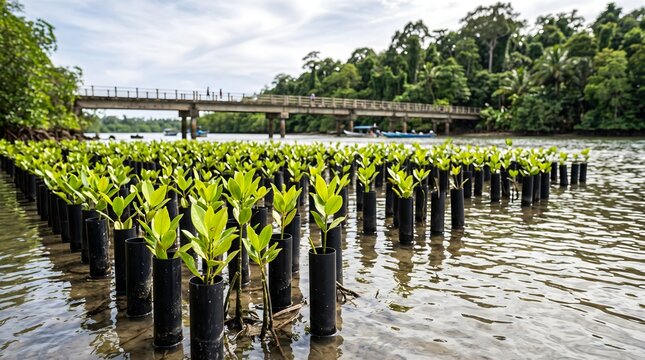 Rows of young mangrove saplings in nursery tubes along a riverbank with a bridge and tropical forest for an organic ecology background concept