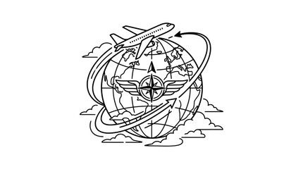 Clean Black and White Line Drawing of Global Travel with Airplanes and Compass Rose Inside Globe © ZAINUR ROOFIQ