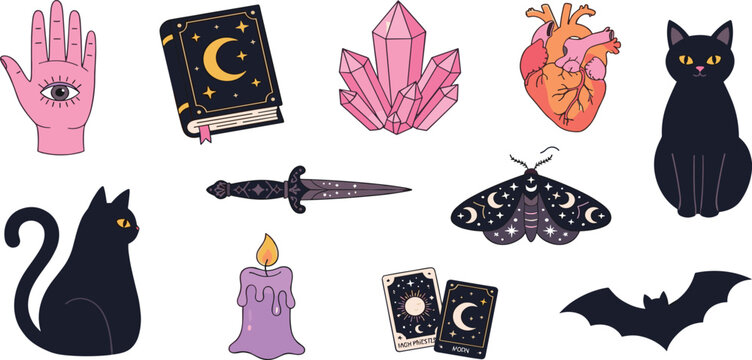 Mystical Witchcraft Doodle Vector Icon Set Featuring Magic Occult Symbols and Esoteric Elements for Halloween Graphic Designs, Logos, and Website Interfaces