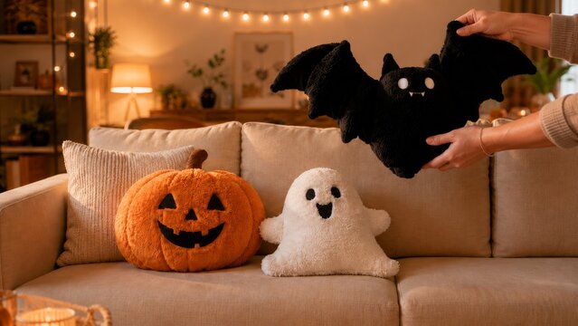 Cozy autumn living room decorated for Halloween with cute plush pumpkin, ghost, and bat cushions on a beige sofa, featuring warm ambient string lights and hands arranging festive holiday decor.