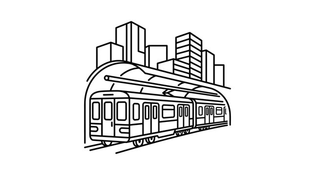 Corporate Black and White Line Drawing of Modern Metro Train Passing Through Urban Skyline with high quality professional line art symbols for modern creative design and digital branding projects