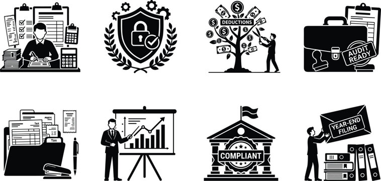 Corporate tax compliance and financial auditing icon set with year-end filing and business deduction symbols