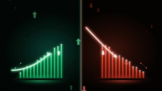 Split screen financial comparison animation with green growth and red decline bar charts