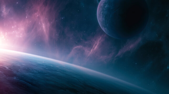Alien planet above Earth's horizon with colorful nebula, distant stars and dramatic cosmic sunrise in deep space.
