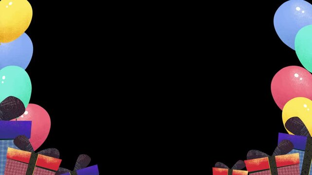 Balloons and gift boxes form a decorative border around a central empty black void, offering a clean area for custom text overlays for birthday invitations or festive marketing campaign materials.