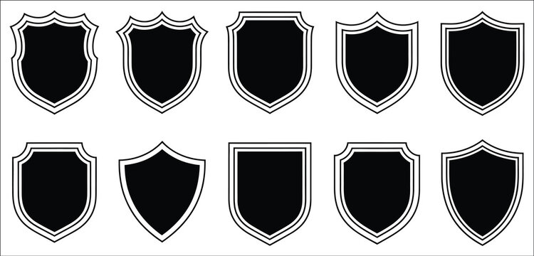 Shield vector line black design, protective security shield badge with knight-inspired award contours, heraldic linear signs for branding, identity systems, emblems, certification marks and profession