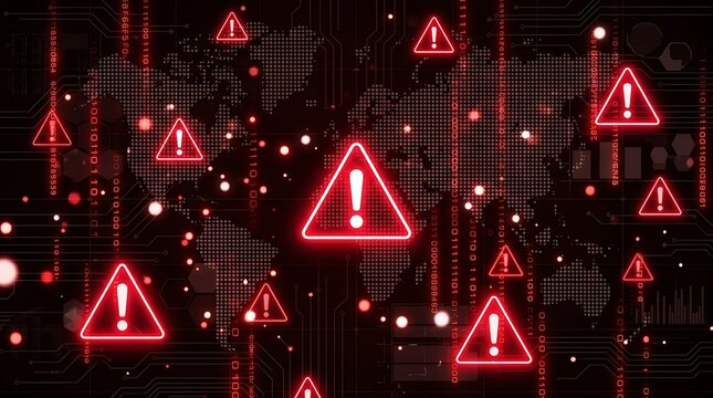 Global cyber security alert on a digital map background