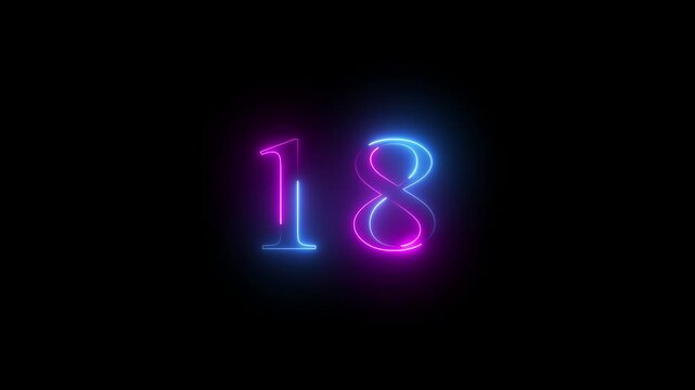 Modern glowing blue and pink neon number 18, Motion graphics of text 18 number icon on a black background 4k video.