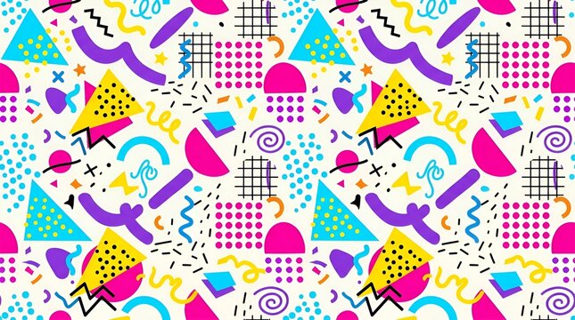 Vibrant Seamless Memphis Style Pattern with Colorful Geometric Shapes and Abstract 90s Retro Design