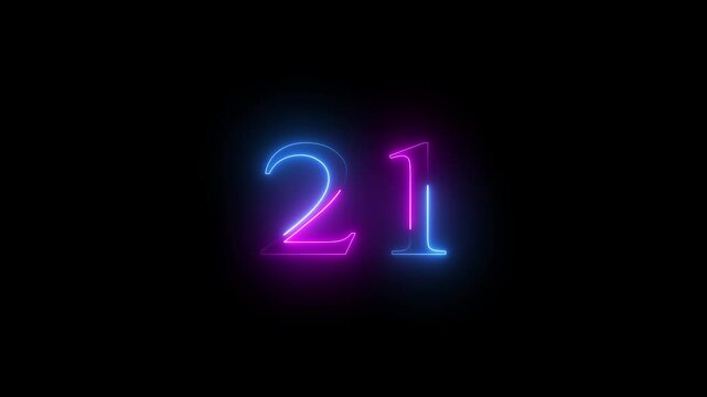 Modern glowing blue and pink neon number 21, Motion graphics of text 21 number icon on a black background 4k video.