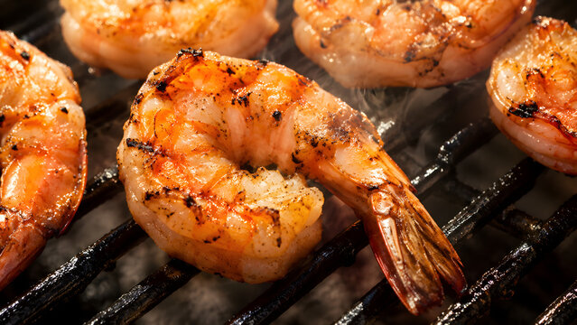 Fresh shrimp grilling on a hot barbecue with char marks