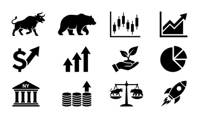 Obraz premium Financial Market Icons: Bull, Bear, Stock Chart, Growth, Dollar, Investment, Bank, Rocket, 12 Vector Elements