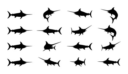 Fototapeta premium Silhouette Marlin Vector Icons, Swordfish Marine Life Collection, Ocean Wildlife Graphics, Sport Fishing Icons