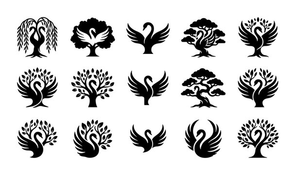 Elegant Swan and Tree Vector Icons Set, Black Silhouette Emblems for Branding, Nature and Wildlife Logos, Stylized Organic Graphics