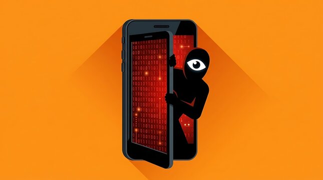 Hacker peeking through smartphone screen with digital binary code