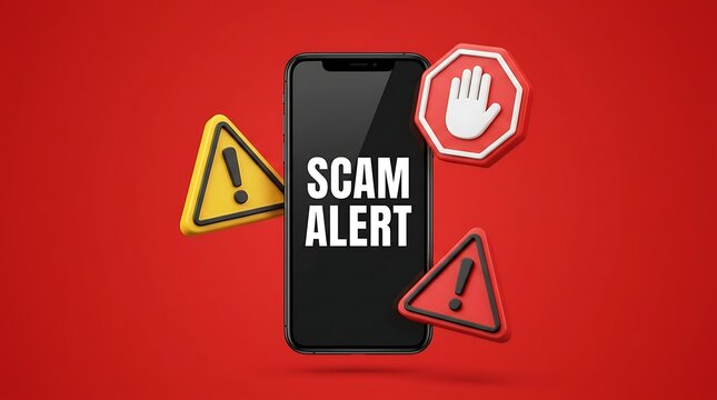 Smartphone displaying scam alert text with 3d warning symbols