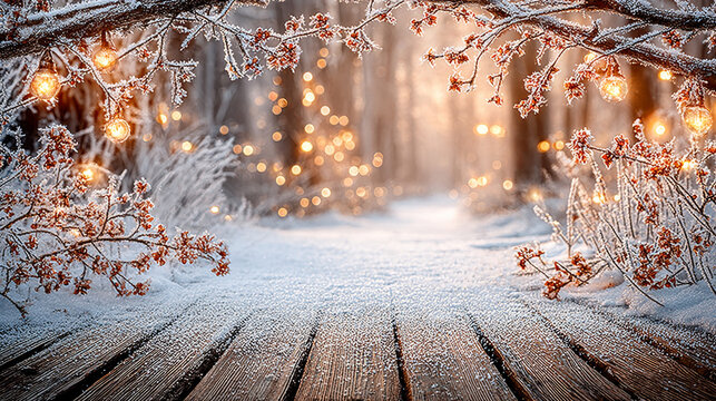 This is a warm winter forest scene: a frosted wooden plank path leads deep into the woods, frost-covered branches dotted with red berries line both sides, blurred warm string lights glow softly 