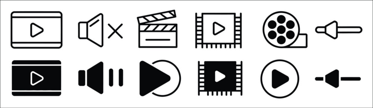 Video icon set, cinema and movie symbols collection featuring playback, recording, film production and multimedia elements, versatile vector illustration for entertainment, streaming and media.
