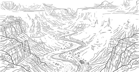 Obraz premium Detailed black and white line art of canyon landscape with winding river, steep cliffs, and small vehicle showing scale and natural erosion