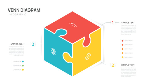 jigsaw puzzle infographic chart template for business 3 options presentation and icon elements, 3 Venn diagram steps business success.