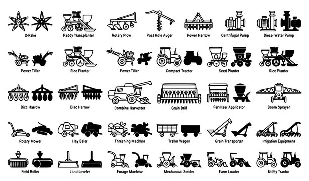 Farm Equipment Icons Collection with Paddy Transplanter Power Harrow Pumps and Tractors