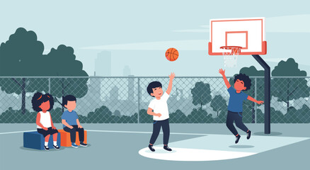 Vector illustration design of children playing basketball on an outdoor urban playground featuring kids shooting hoops for sports activity © Purnomo Semlirick