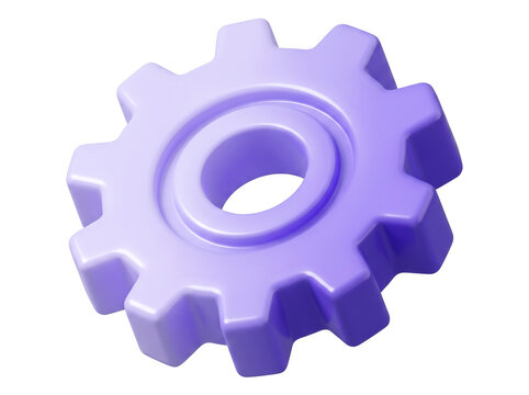 Purple 3D gear icon representing settings, configuration, options, machinery, and technology development on a white background