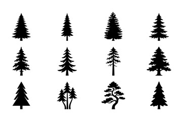Obraz premium Conifer Tree Silhouettes Collection, Evergreen Pine Fir Spruce Icons, Nature Forest Elements, Woodland Graphics, Black and White Vector Set