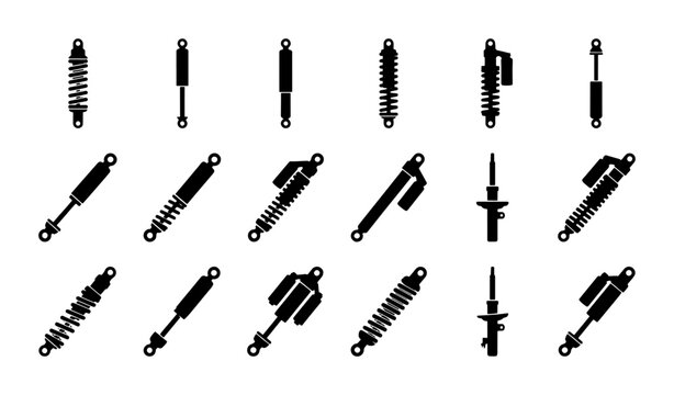 Shock Absorber Icons Set, Automotive Suspension Components, Vehicle Parts Vector Collection, Mechanical Engineering Elements
