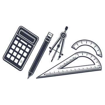 Collection of math drawing tools featuring a calculator pencil compass and geometry ruler.
