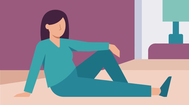 A woman sitting on the floor in a relaxed position at home.