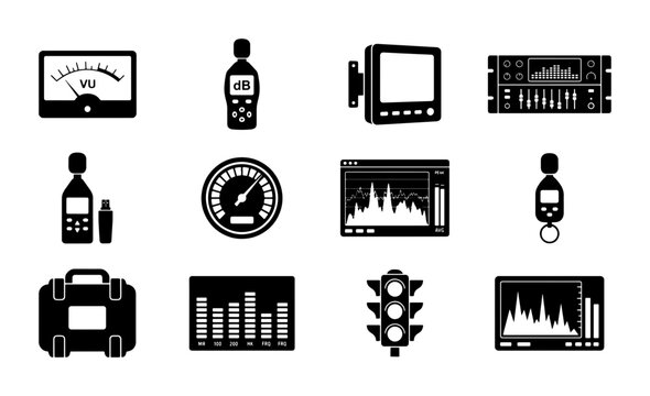 Audio Measurement Equipment Icons, Sound Level Meters, VU Meters, Equalizers, and Spectrum Analyzers, Set of 12 Vector Graphics