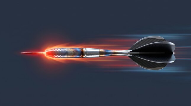 Glowing dart flies rapidly, symbolizing speed, precision, and accuracy against a dark, motion-blurred background.