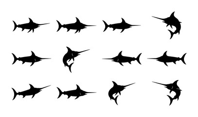 Fototapeta premium Swordfish Silhouette Collection, Marine Life Vector Icons, Ocean Predators Graphic Elements, Nautical Sport Fishing Icons