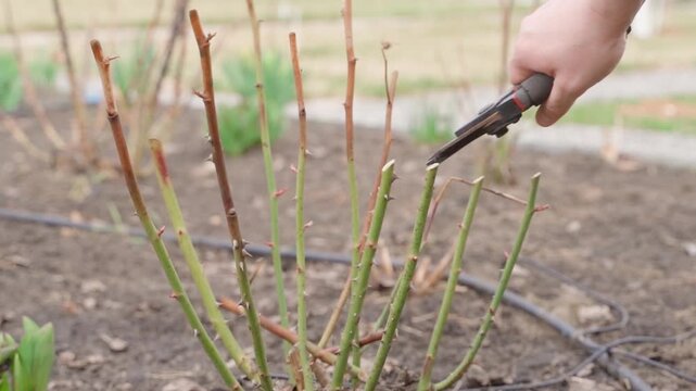 Hand pruning rose bush stems with secateurs in spring garden 