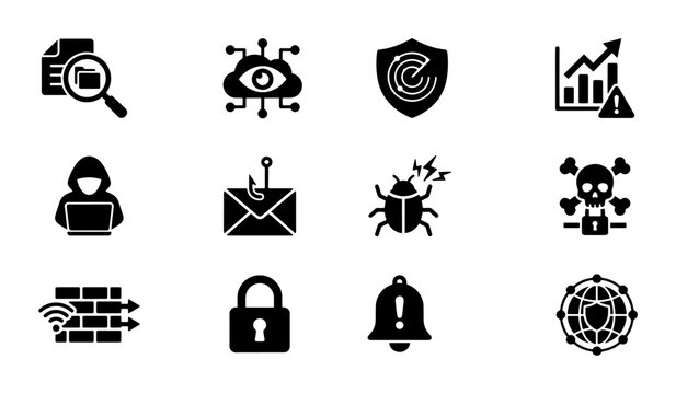 Cyber Security Icons Set: Digital Protection, Data Breach, Network Firewall, Hacker Threat, Antivirus Shield, Data Analysis, Phishing, Malware, Warning Alerts, Padlock Lock