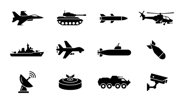 Military Vehicle Icons Set, War Machine Vector Graphics, Defense Equipment Collection, Combat Aircraft and Tanks, Naval Ships and Submarines, Security Technology